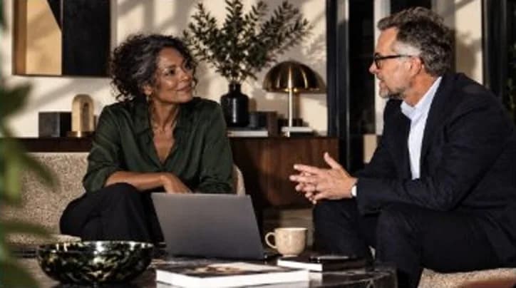 Two professionals talking at a table with a laptop